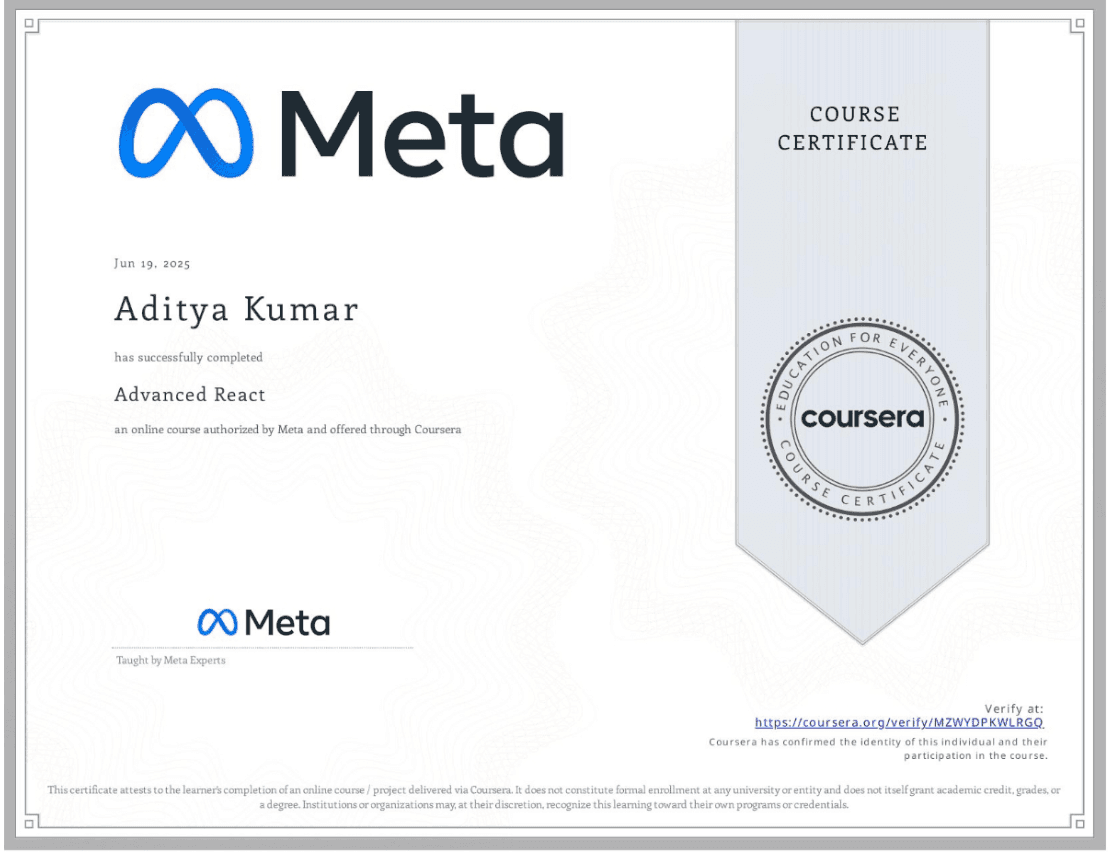 Advance React Certificate